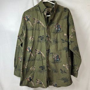 Men's Woods and Water Outfitters Shirt SZ M Green Turkeys Grouse Pheasant